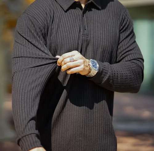 Miniatura 2 de GINGTTO Polo y suéter de manga larga para hombre ajuste delgado elástico casual elegante con botones