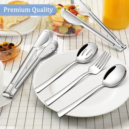 Miniatura 3 de LIANYU Juego de 8 utensilios de servir, cucharas de servir de acero inoxidable, cucharas ranuradas, tenedores, pinzas de metal para cocina, bufé