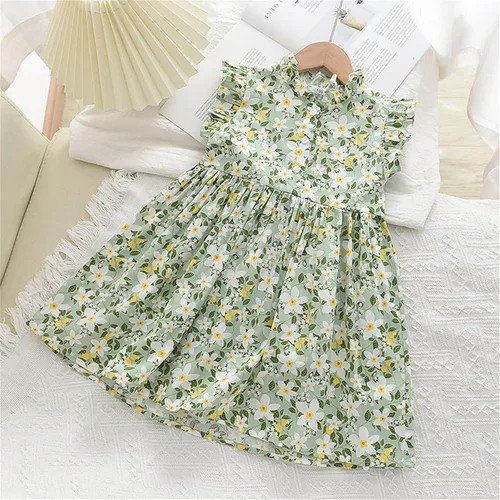 Miniatura 2 de Lethez Vestido de bebé para niñas pequeñas, vestido con botones, floral, sin mangas, con volantes