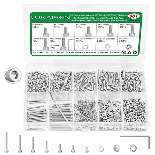 Miniatura 9 de Surtido de 1500 piezas de tornillos, tuercas y arandelas, kit de pernos y tuercas métricos M2 M3 M4 M5 M6 con cabeza hexagonal de casquillo, acero