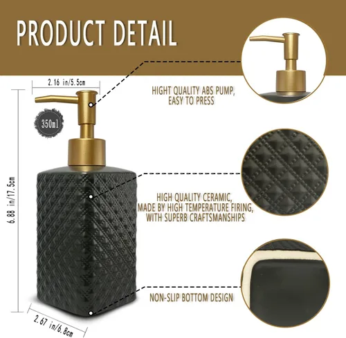 Miniatura 5 de Dispensador de jabón dorado para baño, dispensador de loción cuadrado negro, dispensador de jabón de manos de cerámica recargable para encimera