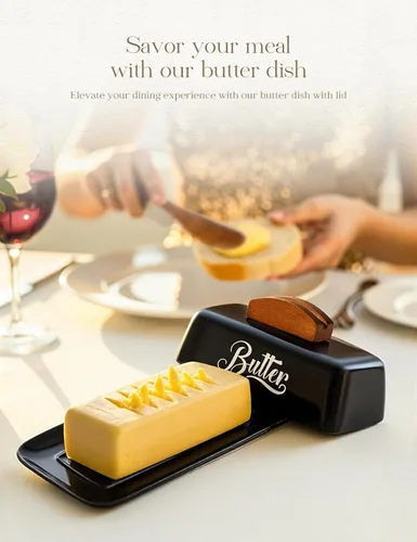 Miniatura 2 de Mantequillera negra con tapa y cuchillo, bandeja de mantequilla negra, soporte de mantequilla de cerámica para mostrador humanizado con mango de Rojo
