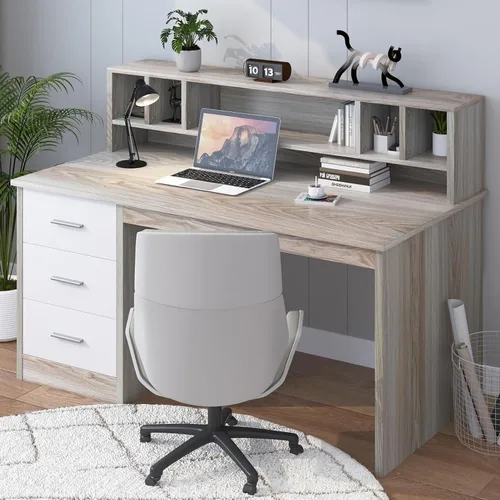 Miniatura 9 de MaverickFurni Escritorio blanco con cajones, escritorio de oficina en casa de 46 pulgadas con gabinete y almacenamiento, escritorio pequeño con 3