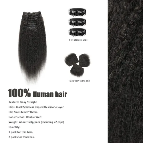 Miniatura 8 de Extensiones de cabello humano real con clip, de 14 pulgadas, color negro natural, doble trama, 10 unidades, 4.23 oz