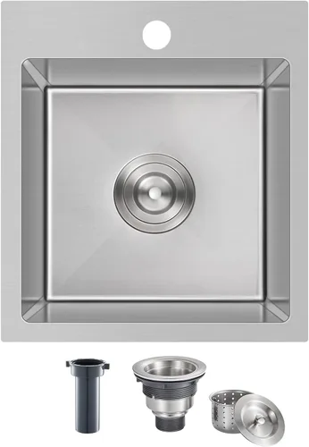 Fregadero de barra de 15 pulgadas, fregadero de acero inoxidable 304, cuenco individual, fregadero pequeño de 15 x 17 x 8 pulgadas, montaje superior