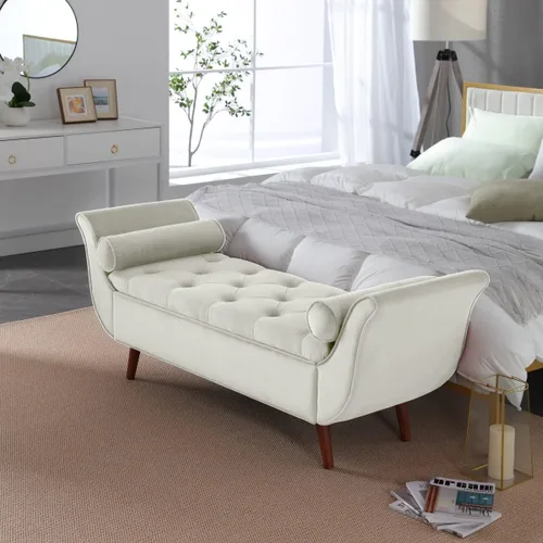 Miniatura 10 de Banco de almacenamiento de terciopelo para dormitorio, extremo de la cama con 2 almohadas, banco otomano tapizado con botones copetudos, reposapiés