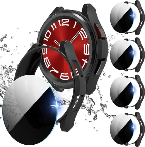 Suoman Paquete de 4+4 fundas para Samsung Galaxy Watch 6 Classic de 1.73 pulgadas (1.693 in), protector de pantalla de privacidad de vidrio