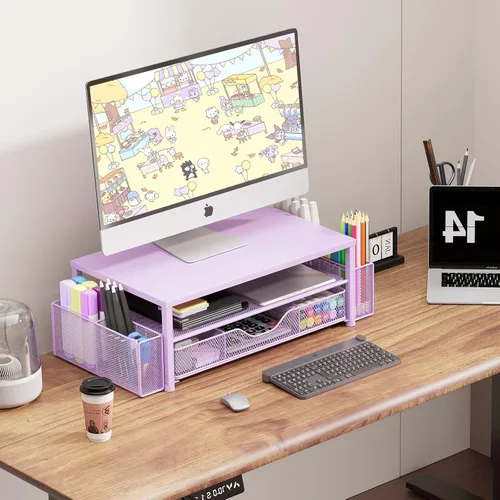 Miniatura 5 de OPNICE Soporte elevador de monitor doble con cajón y 2 soportes para bolígrafos, organizador de escritorio para suministros de oficina, soporte