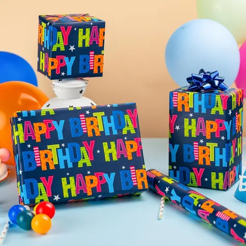 Miniatura 2 de Garbendy Papel de regalo de cumpleaños – Mini rollo – 17 pulgadas x 16.5 pies – Coloridas letras felices en papel azul papel de regalo perfecto