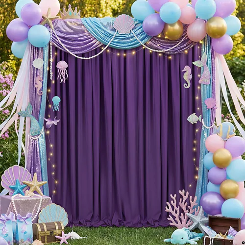 Miniatura 6 de Cortinas de fondo púrpura de 2 paneles 5 x 10 pies, cortinas de fondo de poliéster para boda, fiesta de sirenas, Halloween, fotografía, decoraciones