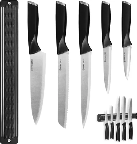 Juego de cuchillos negros de 6 piezas con tira magnética para pared, juego de cuchillos magnéticos ultra afilados para cocina, apto para