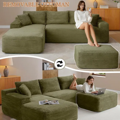 Miniatura 5 de Sofá modular Cloud de 108 pulgadas, moderno sofá deshuesado con otomana móvil, sofá modular de asiento profundo, sofás esquineros de pana para sala