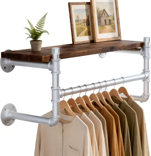 Miniatura 15 de WEBI Perchero de pared con estante, perchero industrial de 24 pulgadas con estantes, barra de ropa de hierro resistente, barra de ropa de exhibición