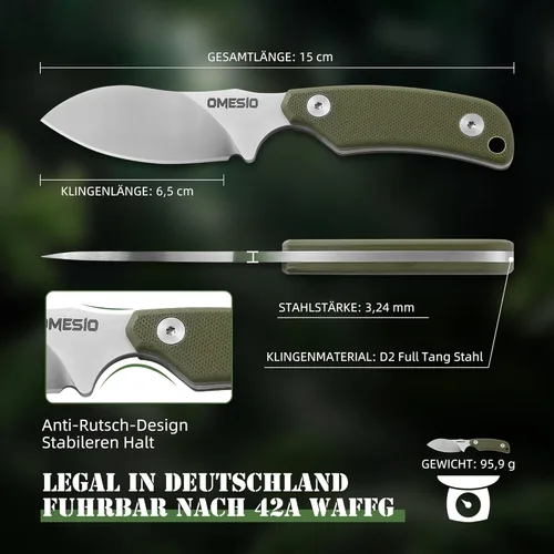 Miniatura 6 de Omesio Nessmuk - Cuchillo EDC de espiga completa para hombre, hoja fija de 5.82 pulgadas con boquilla y clip Kydex, hoja Nessmuk pequeña de acero D2