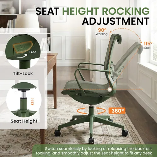 Miniatura 5 de LuxErgo Silla de oficina ergonómica de malla, silla de escritorio con respaldo medio con soporte lumbar y reposabrazos, altura ajustable, reclinable