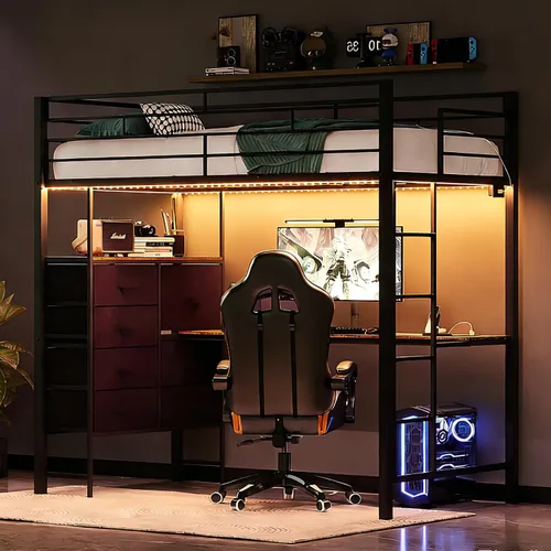Miniatura 19 de VINGLI Base de cama individual de metal con barandilla de seguridad de 15 pulgadas, escalera antideslizante, 2 estaciones de carga, escritorio