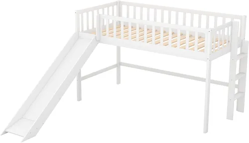 Miniatura 4 de Cama baja tipo loft de tamaño individual con escalera y tobogán, escalera y pizarra, para sala de estar, dormitorio, para niños, niñas