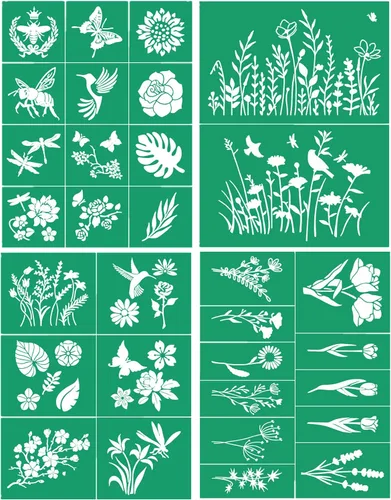 JAJADO Plantillas de flores silvestres, 4 unidades, plantillas de pantalla de seda autoadhesivas, plantillas de flores de rosas, animales, plantas,