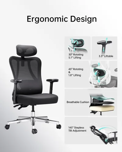 Miniatura 7 de Hbada P3 Silla de oficina ergonómica con soporte lumbar ajustable 2D, silla de oficina con reposacabezas y reposabrazos ajustables, función de Gris