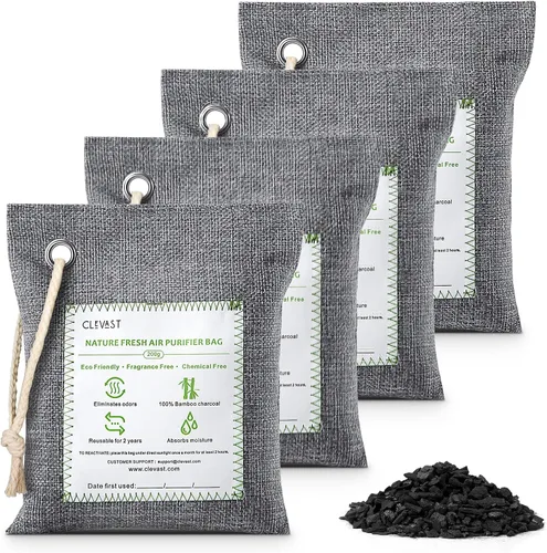 CLEVAST - Bolsas purificadoras de aire de carbón de bambú (4 x 7.05 oz), eliminan olores y humedad, bolsas purificadoras de aire fresco natural,