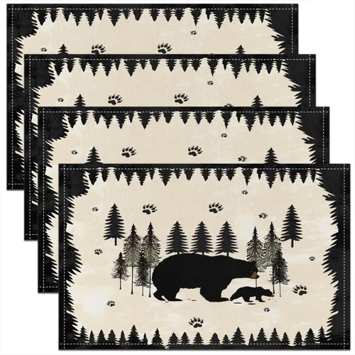 Miniatura 25 de Lodge - Juego de 4 manteles individuales de cabina con diseño de silueta de pino y oso gris, tapetes de cocina para mesa de comedor, animales