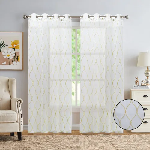 July Joy Cortinas traslúcidas blancas de 84 pulgadas de largo, color beige, marroquí, bordadas, con ojales, para sala de estar, dormitorio, 2 paneles