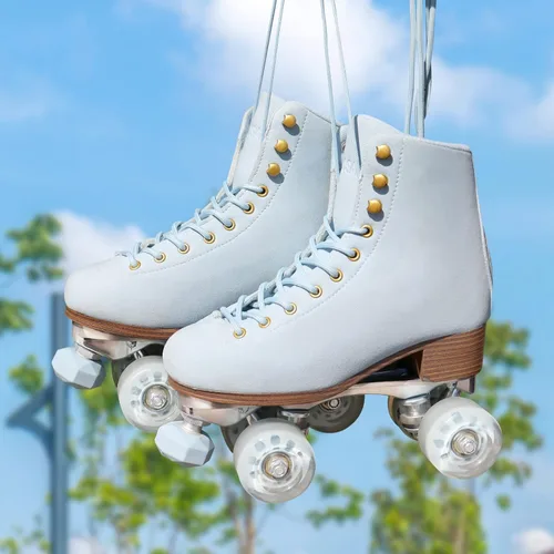 Miniatura 5 de Patines de ruedas para mujer o hombre con topes de goma ajustables en altura, patines retro de gamuza cuádruples para exteriores e interiores Azul