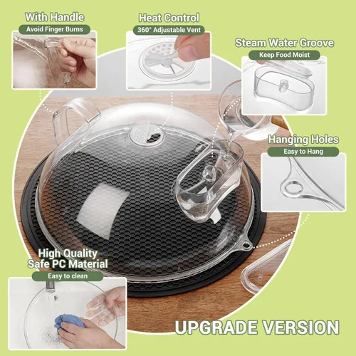 Miniatura 4 de Cubierta antisalpicaduras para microondas para alimentos, tapa transparente con vaporizador de agua, asa integrada, protector contra salpicaduras