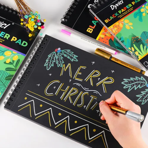Miniatura 6 de Dyvicl Cuaderno de bocetos profesional de papel negro de 5.5 x 8.5 pulgadas, 35 hojas de papel de dibujo pesado de 150 GSM para bolígrafos de gel