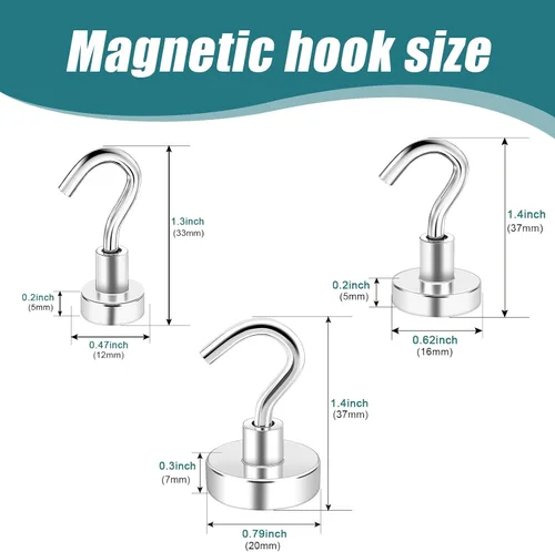 Miniatura 2 de MAGXCENE 50 ganchos magnéticos resistentes, 3 ganchos magnéticos de tierras raras fuertes de diferentes tamaños para colgar, refrigerador, imanes