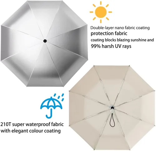Miniatura 12 de FDJASGY Capa de revestimiento plateado, bloqueo de tela UV 99.9%, paraguas compacto plegable de viaje, paraguas automático resistente al viento