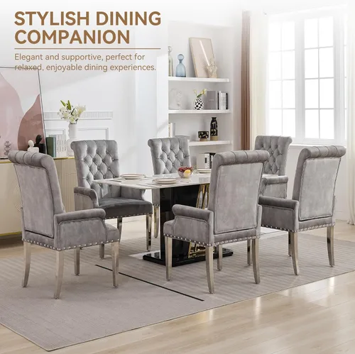 Miniatura 7 de WUTUTUEE Silla de comedor de terciopelo con brazos, sillas de comedor tapizadas acolchadas de respaldo alto, sillón decorativo con patas cromadas