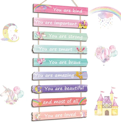 Yookeer Arte de pared de unicornio arcoíris para dormitorio de niñas, letreros inspiradores de decoración de pared, decoración bohemia de princesa