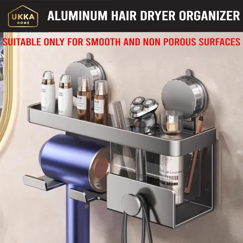 Miniatura 2 de Soporte de aluminio para secador de pelo con ventosa. Estante organizador de almacenamiento con estante para accesorios y herramientas para el baño.
