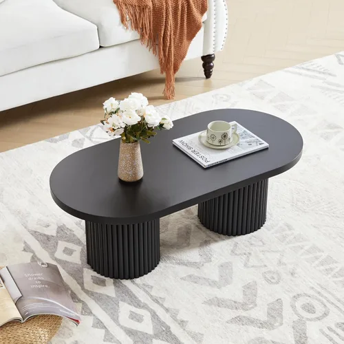 Miniatura 8 de Mesa de centro pequeña acanalada, mesa de centro de madera ovalada de estilo rústico de mediados de siglo, mesa central moderna estilo bohemio