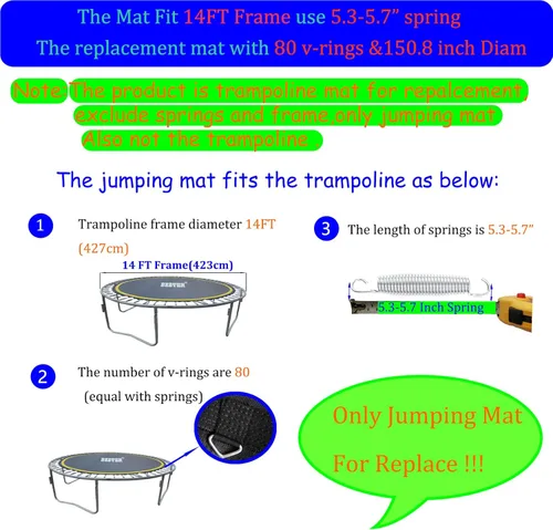 Miniatura 3 de Tapete de repuesto para cama elástica, diámetro del tapete: 11.97-12.56 pies, se adapta a marcos de trampolín de 14 pies, con 72 80 84 88 96 anillos