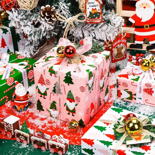 Miniatura 3 de WRAPAHOLIC Rollo de papel de regalo de Navidad de 30 pulgadas - Rollo jumbo rojo, verde y rosa de gnomo de Navidad y elfo festivo, colección de 4