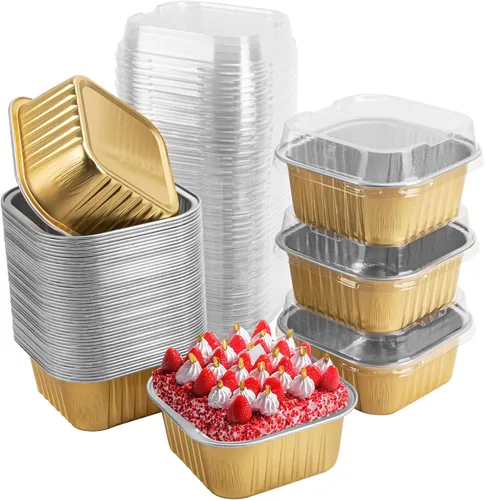 Miniatura 15 de 50 Pcs Mini Square Baking Cups with Lids,5oz Aluminum Foil Mini Cake Pans with Lids,Disposable Ramekins Cake Pans,150ml Dessert Cups Cupcake Pans