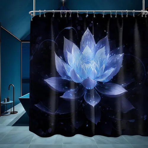 Miniatura 51 de Cortina de ducha con flores de loto negro y azul para decoración de baño, juego de cortinas decorativas de baño con estampado floral, tela