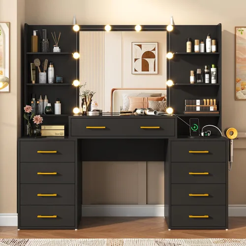 Miniatura 9 de jiteentarou - Escritorio de tocador con tapa de vidrio y espejo con luces, gran escritorio de maquillaje con espejo y estación de carga