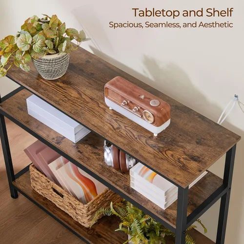 Miniatura 5 de Yaheetech Mesa consola industrial, mesa de entrada de 3 niveles con estantes de almacenamiento, mesas de sofá estrechas para sala de estar, Marrón