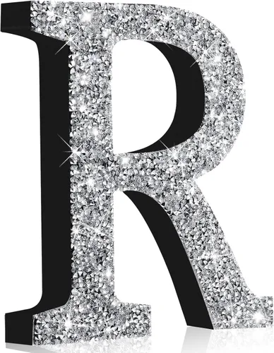 Miniatura 63 de Qunclay Letras brillantes de cristal plateado de 5.7 pulgadas, decoración de diamantes triturados, letra de madera con purpurina con tornillo