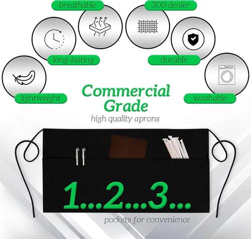 Miniatura 2 de GREEN LIFESTYLE Paquete de 3 delantales de servidor con 3 bolsillos - Delantal de cintura, delantal de camarera para mujeres y hombres, resistente