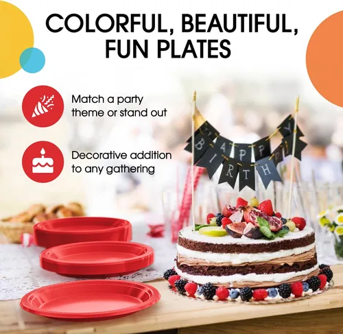 Miniatura 5 de Party Solids Platos de plástico rojo para fiesta de 7 pulgadas, platos desechables rojos para suministros de fiesta, 100 piezas, juego de vajilla