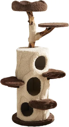 RPZ Árbol para gatos de madera maciza de lujo de 54.7 pulgadas para gatos pequeños a medianos, poste rascador de madera natural con rama real,