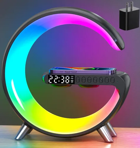 Lámpara de mesa LED inteligente, cargador inalámbrico 4 en 1, luz nocturna, reloj despertador, altavoz Bluetooth con control de aplicación, lámpara