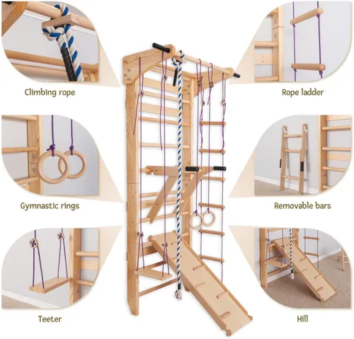 Miniatura 4 de Barras de pared de escalera sueca con barra de dominadas para niños y adultos, barras de madera para gimnasio en casa con anillos de gimnasia