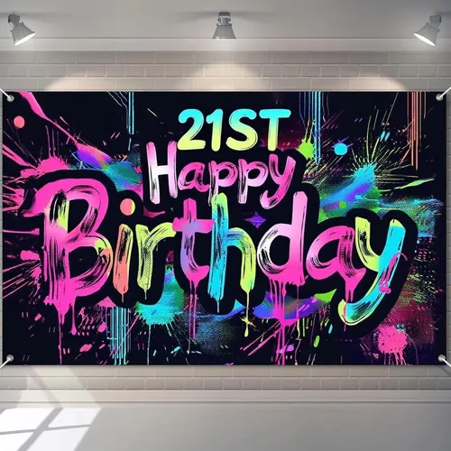 Miniatura 13 de HOMETITUTE Pancarta de Neón de Feliz 10mo Cumpleaños 71 x 43 pulgadas, Salpicadura de Pintura que Brilla en la Oscuridad, Telón de Fondo