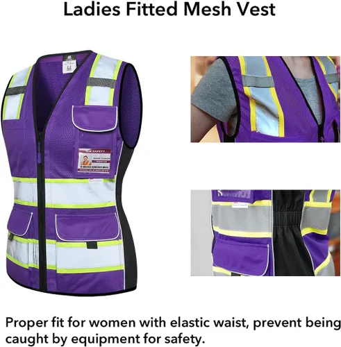 Miniatura 3 de Dib Safety - Chaleco para mujer con bolsillos, chaleco reflectante de malla de alta visibilidad, clase 2 ANSI hecho con cinta reflectante 3M, morado