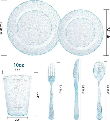 Miniatura 2 de Rubtlamp Juego de vajilla de 180 piezas con purpurina azul (30 invitados), platos de plástico azul con cubiertos desechables Gitter, el juego